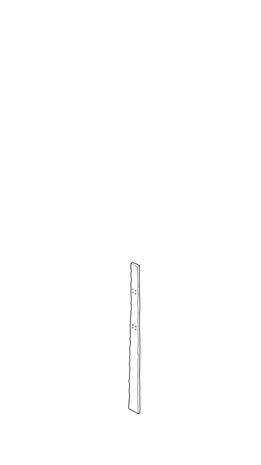 Black line sketch of 1 timber length with holes drilled in at the top and halfway down
