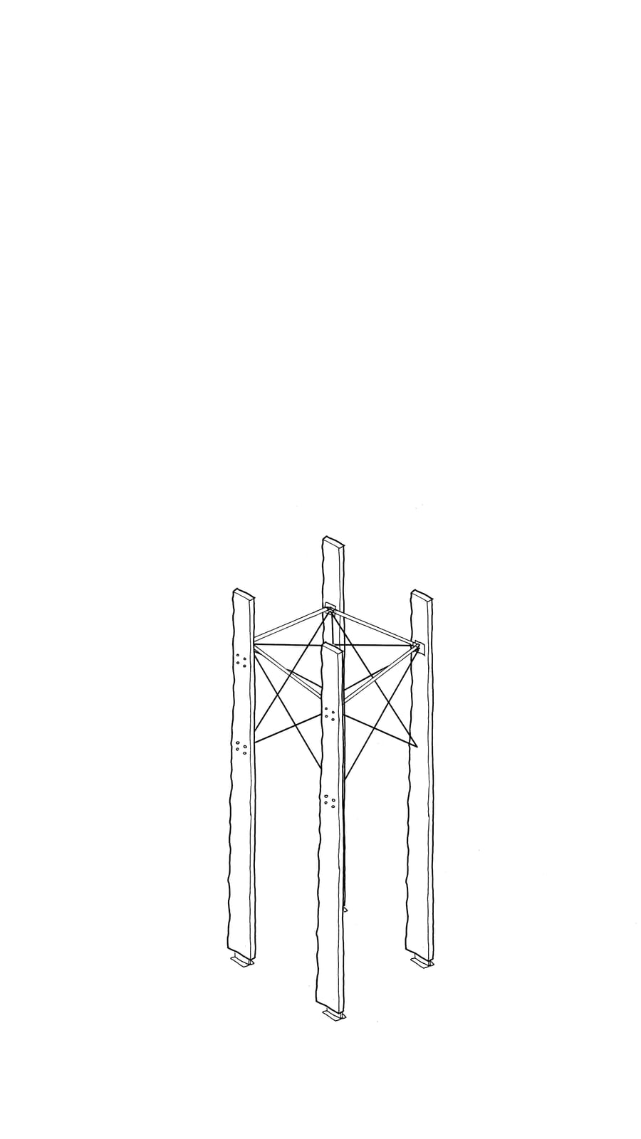 Black line sketch of 4 timber lengths with steel connections being disassembled