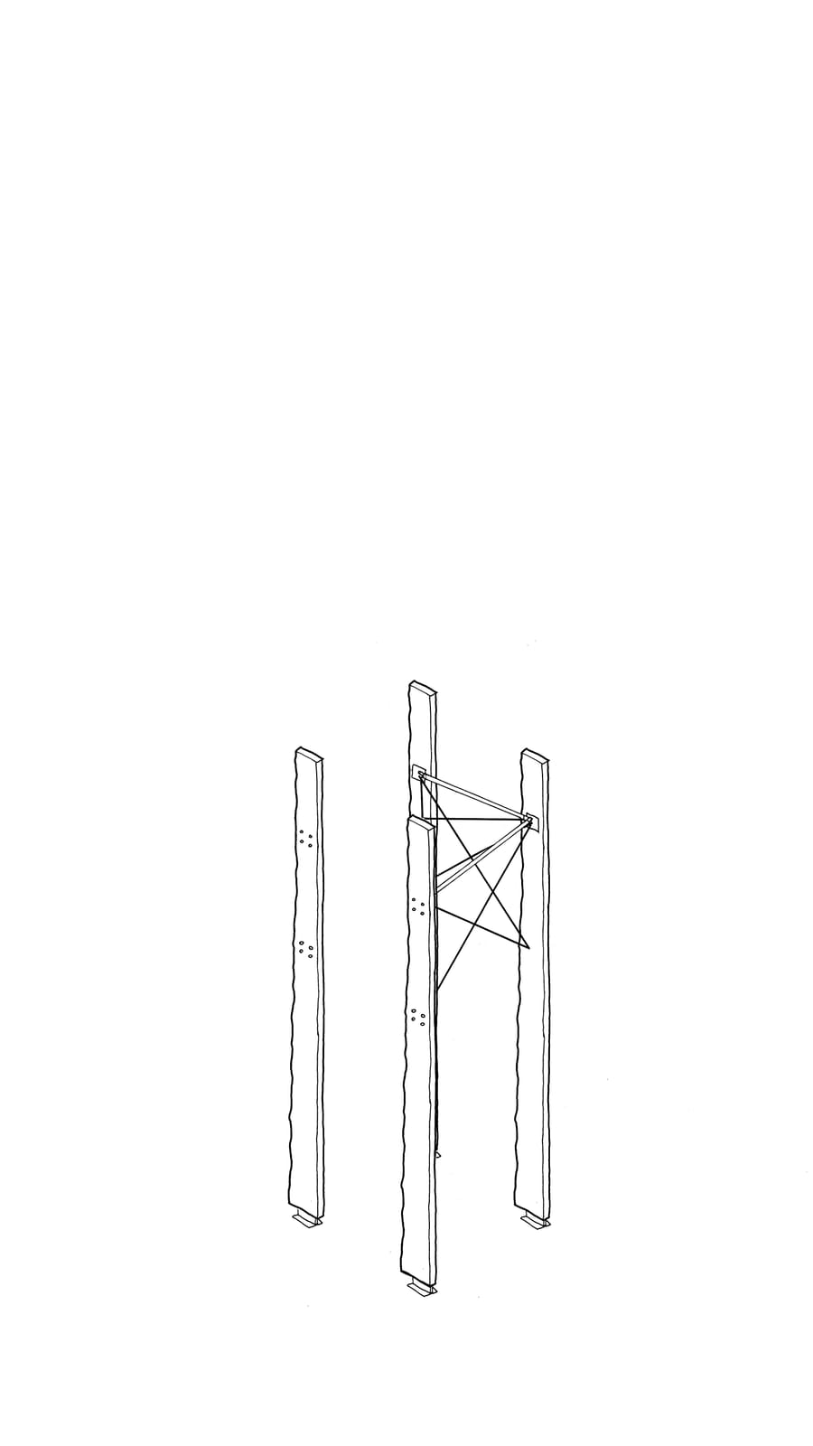 Black line sketch of 3 timber lengths stood tall with 1 being taken away