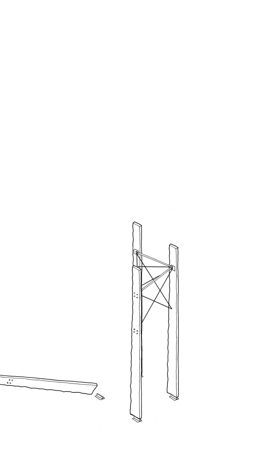 Black line sketch of 3 timber lengths stood tall with 1 being taken away