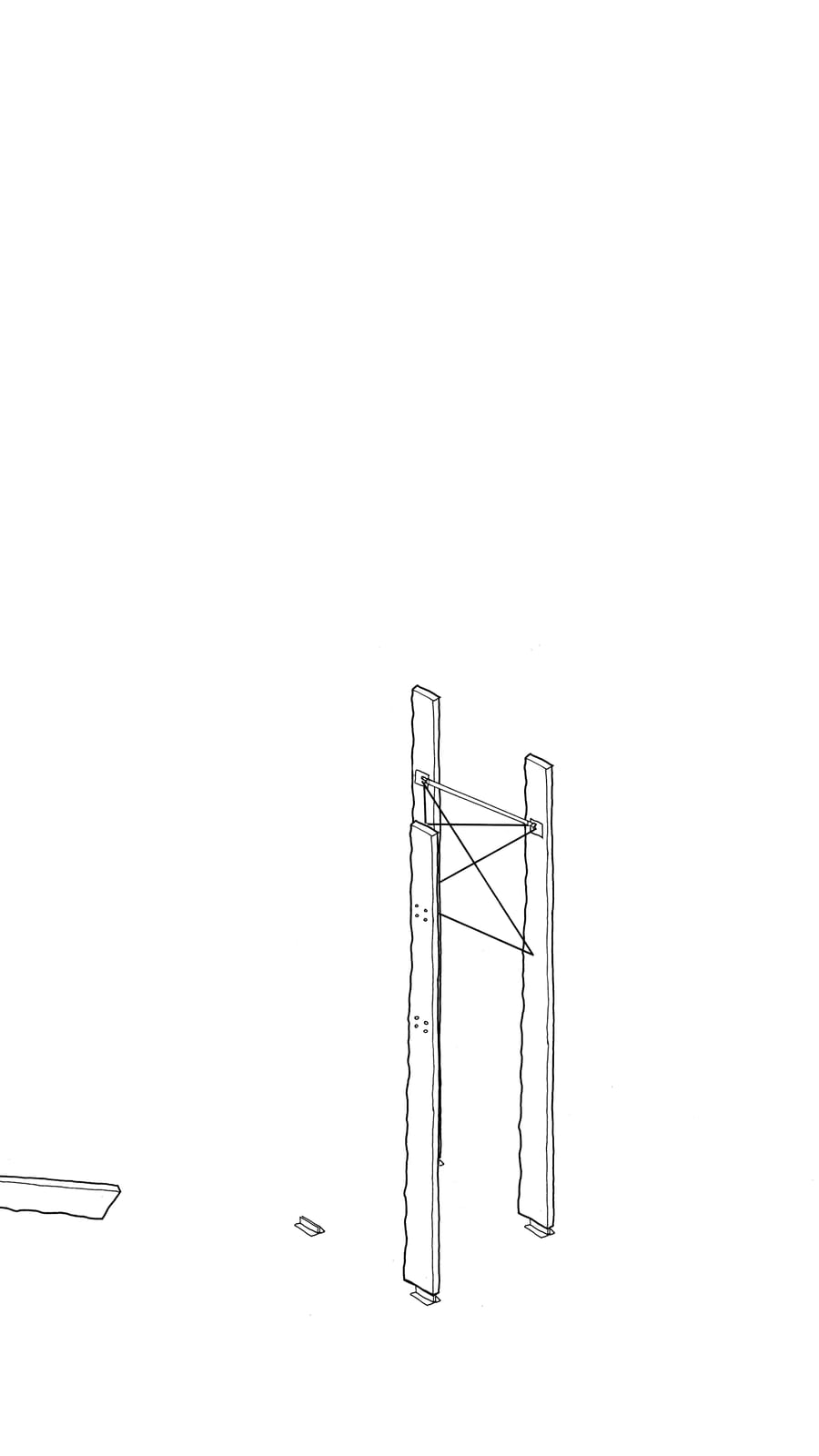 Black line sketch of 2 timber lengths stood tall with 1 being taken away and no metal connections